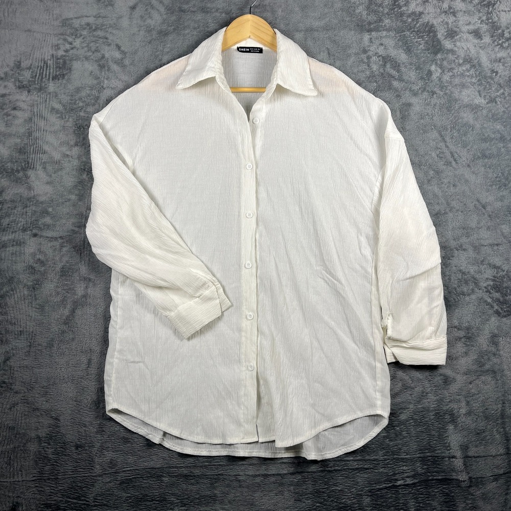 Shein Lysmo Shirt Womens 6 White Textured Drop Shoulder Oversized Button Up